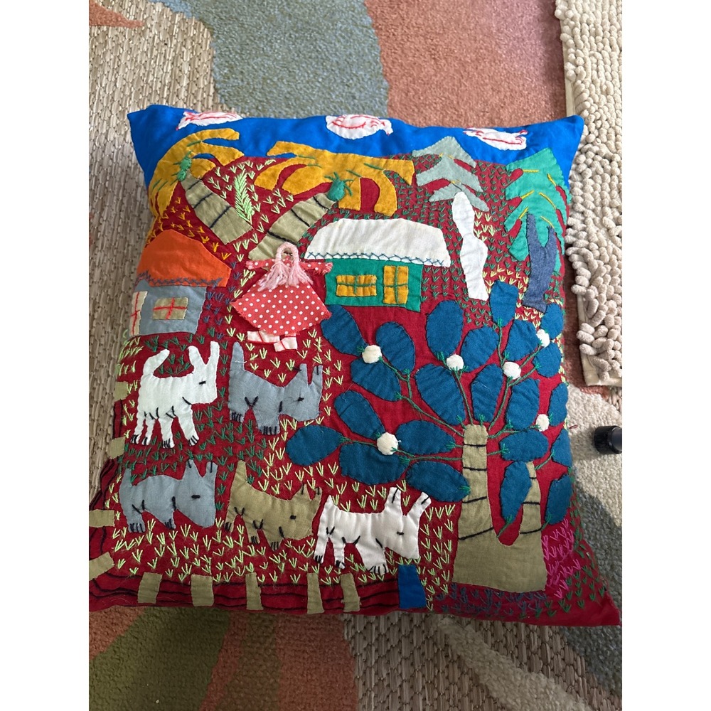 Vintage Handmade Folk Art Embroidered Appliqué Village Scene Throw Pillow Blue